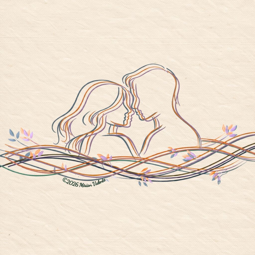 entrelinhas da vida emocional. Um homem e uma mulher entrelaçados por linhas finas.